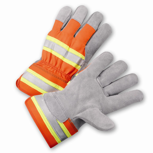 1 Dozen High Visibility Split Cowhide Leather Work Gloves, Hi Vis Sizes Small-XL