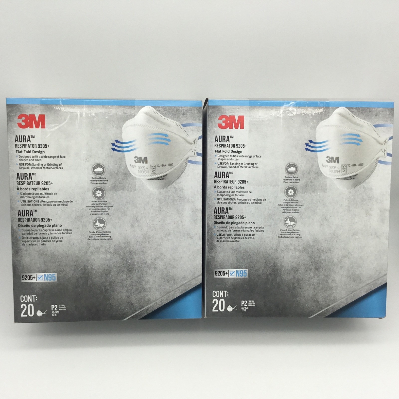2 3M Aura 9205+ N95 NIOSH Particulate Respirator Face Mask 40 Sealed Packs USA