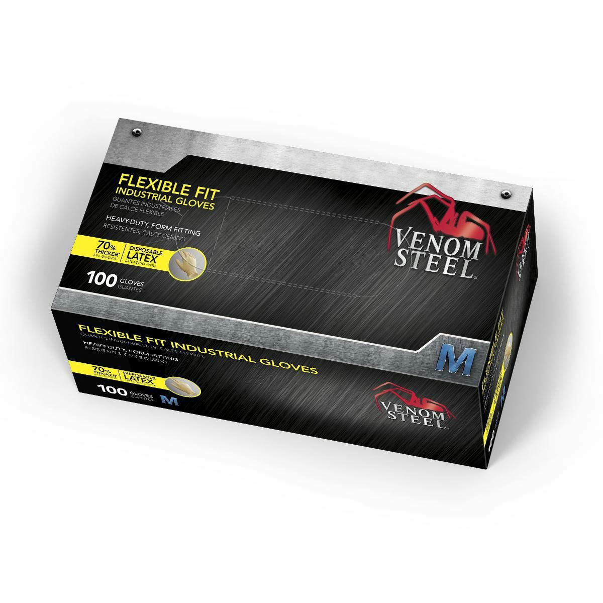Venom Steel Flex-Fit Latex Gloves Medium Size. 100 Gloves.