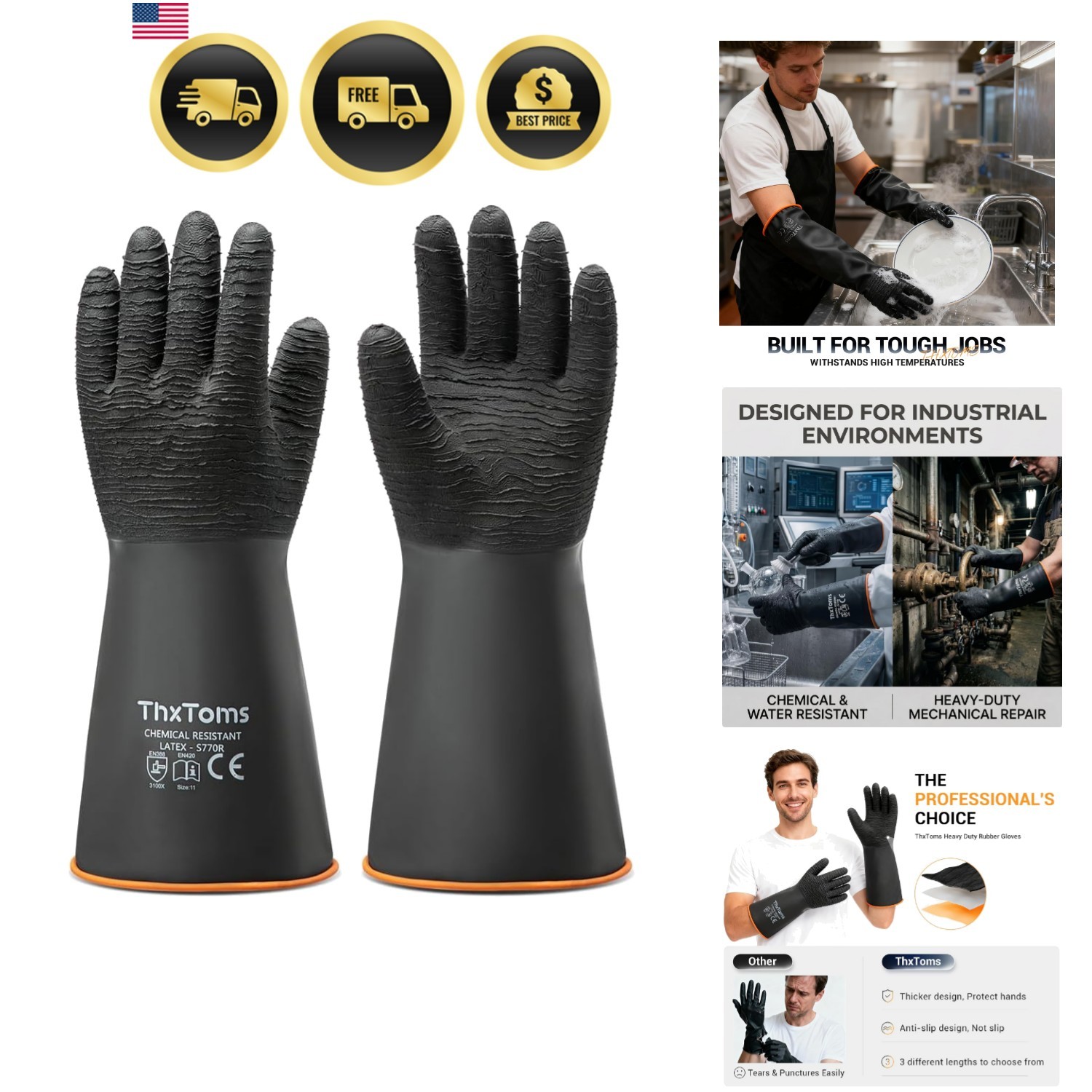 Heavy Duty Rubber Gloves, Industrial Chemical Resistant Gloves Waterproof Reu…