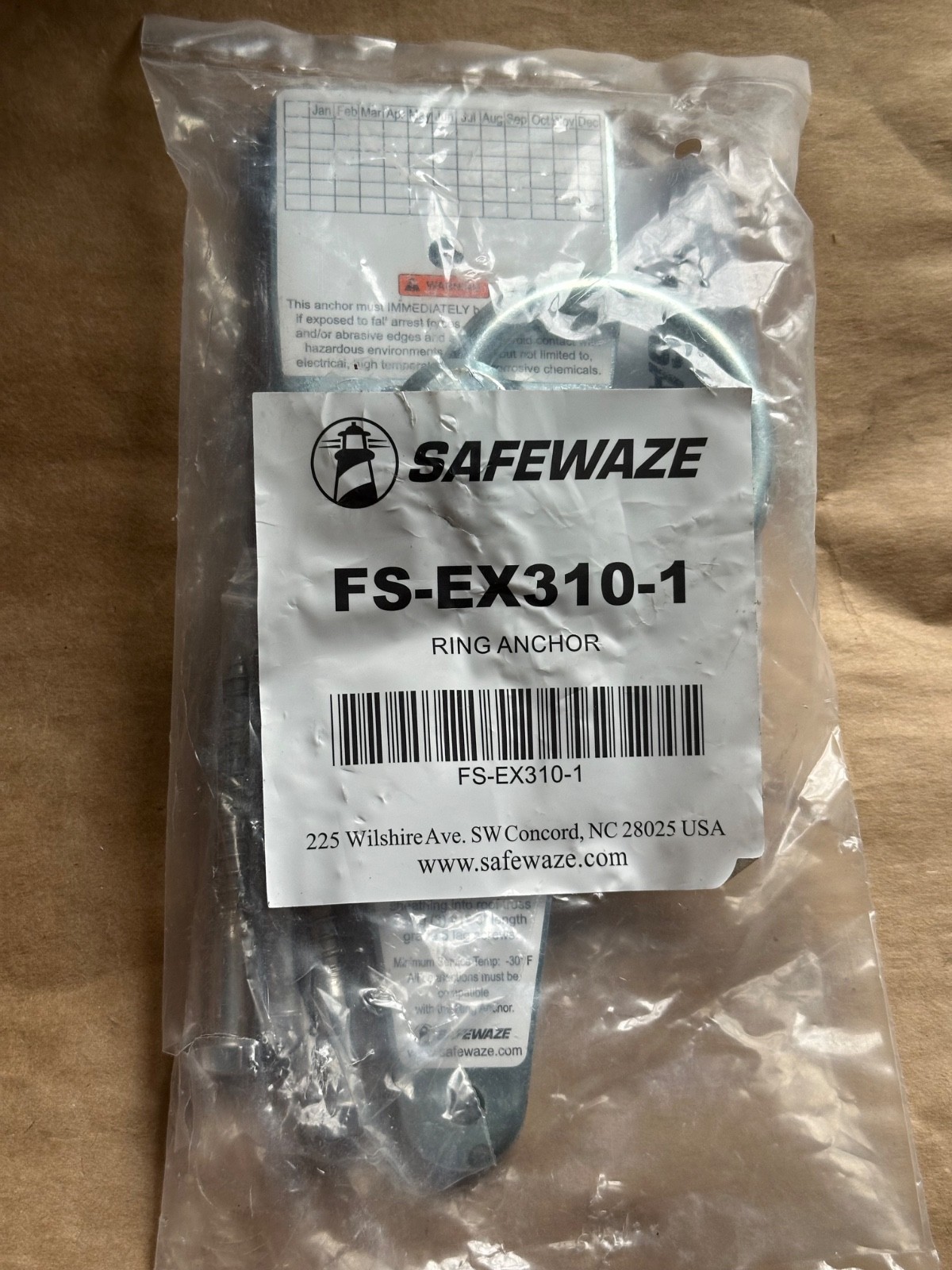 SAFEWAZE FS-EX310-1 Bull Ring Anchor Kit- NEW Reusable Anchor Large Ring Connect