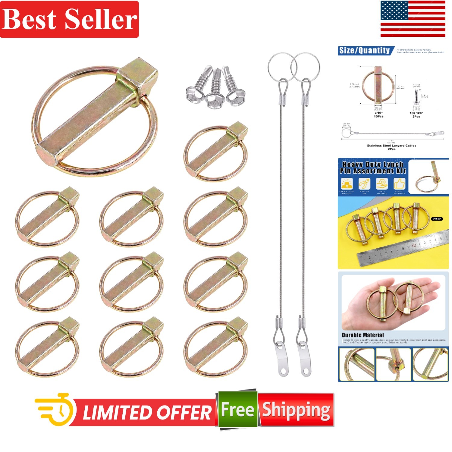 15Pcs Lynch Pin Lock Pin Clips with Lanyard Cable Set for Tractors Trailers M…