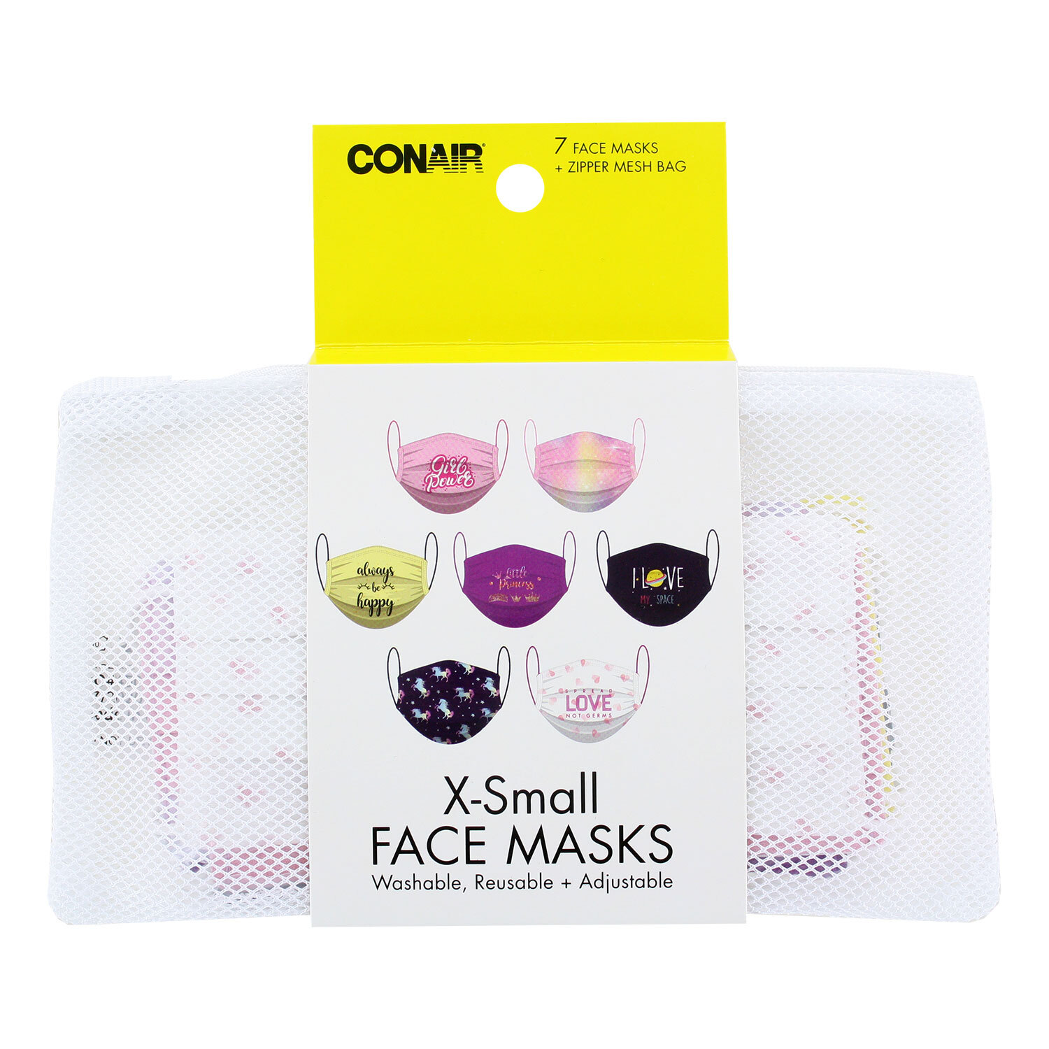 Conair Fashion Washable X-Small Face Mask with Zipper Mesh Bag, 7 Pack