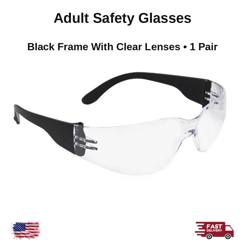 Adult Safety Glasses Black Frame Clear Lenses Uncoated One Size Dental 1 Pair