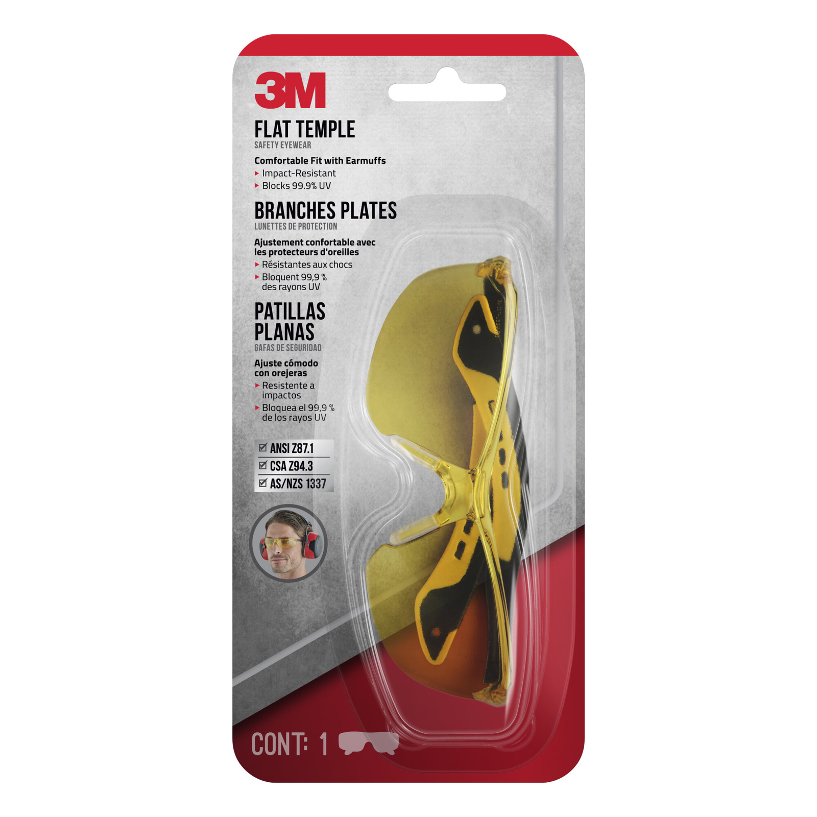 3M Flat Temple Eyewear Anti-Scratch, 47013H1-DC, Black/Yellow, AmberLens