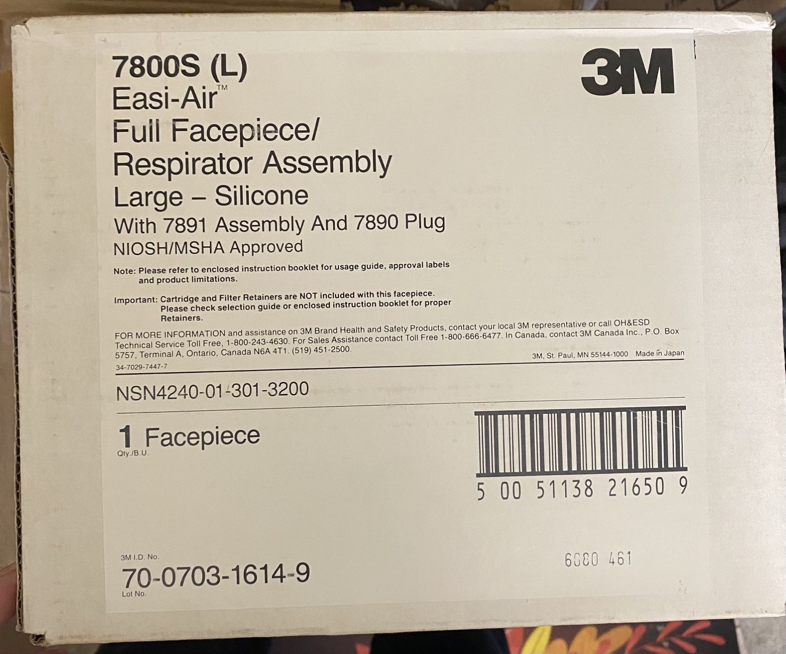 3M 7800S Respirator Gas Mask Large L Full Face 3M7885t Size Large NEW