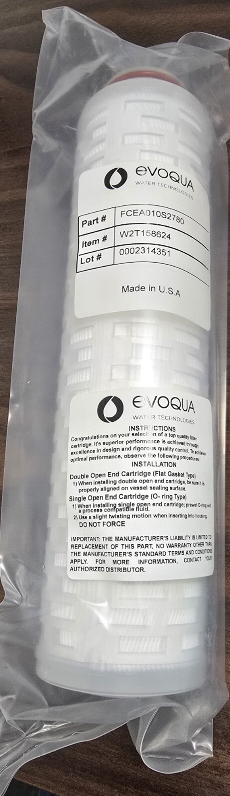 10″ Vent Filter FCVA010S2 Evoqua 0.2 Micron 2.6″ Dia