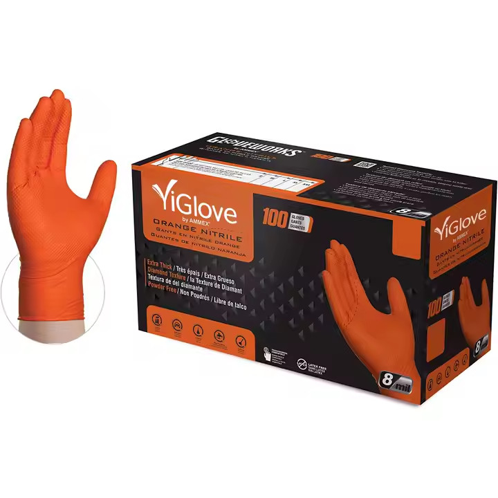 8 mil Orange Heavy Duty Diamond Texture Nitrile Gloves 100 CT
