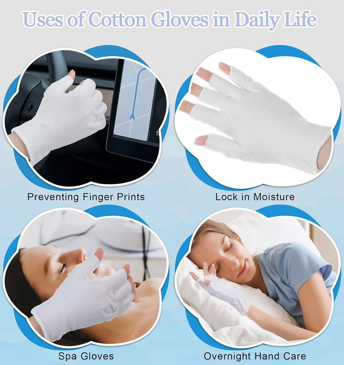 4 Pairs Fingerless Cotton Gloves for Eczema, Dry Hands Relief, One Size