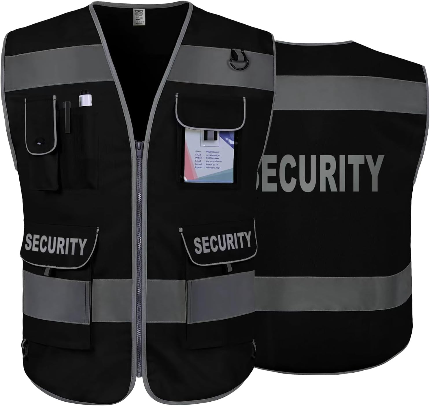 Security Vest for Security Guard 9 Pockets Safety Vest, Black L Reflective