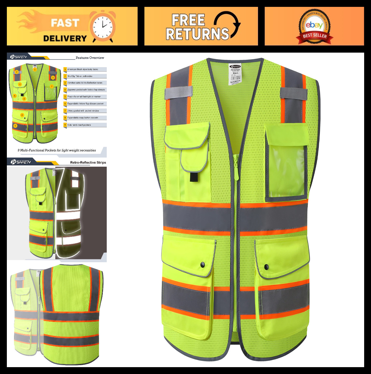 Hi-Vis Neon Yellow Safety Vest with 9 Pockets, Zipper Front, Reflective Tapes, A
