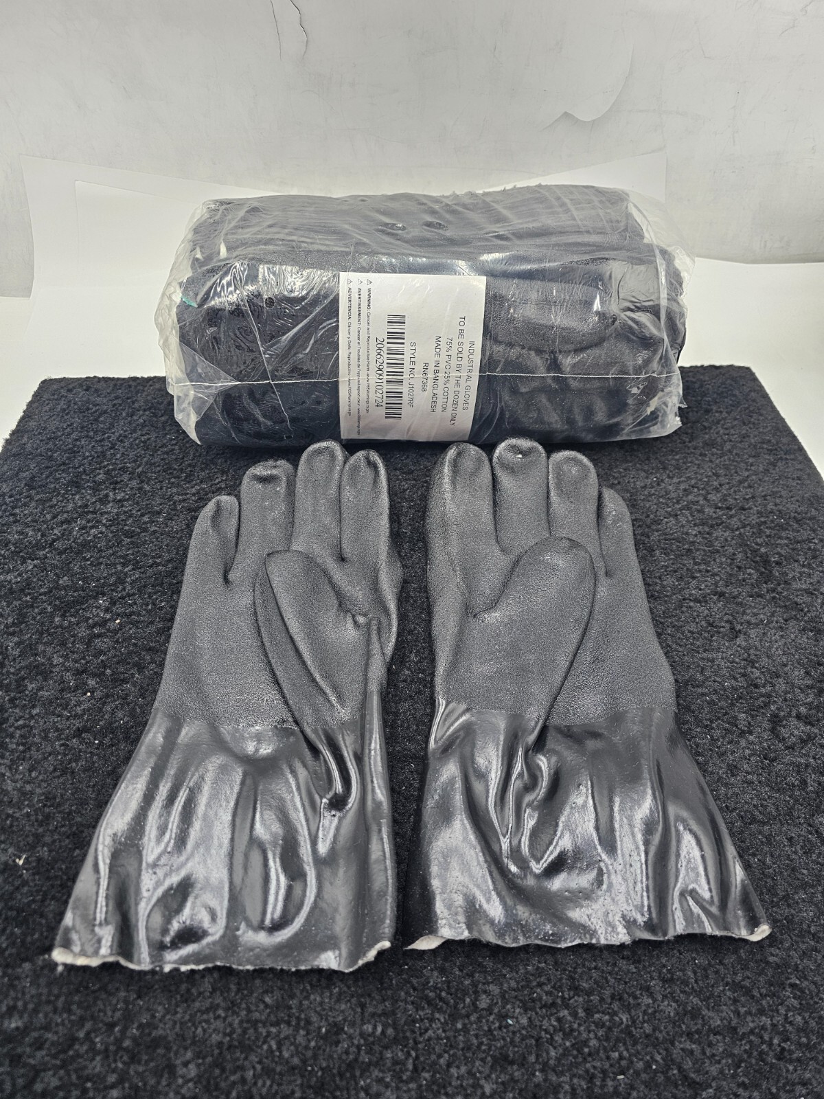 (QTY 12 PAIR) Industrial Gloves J1027RF PVC Cotton RN67368 Black Size Large