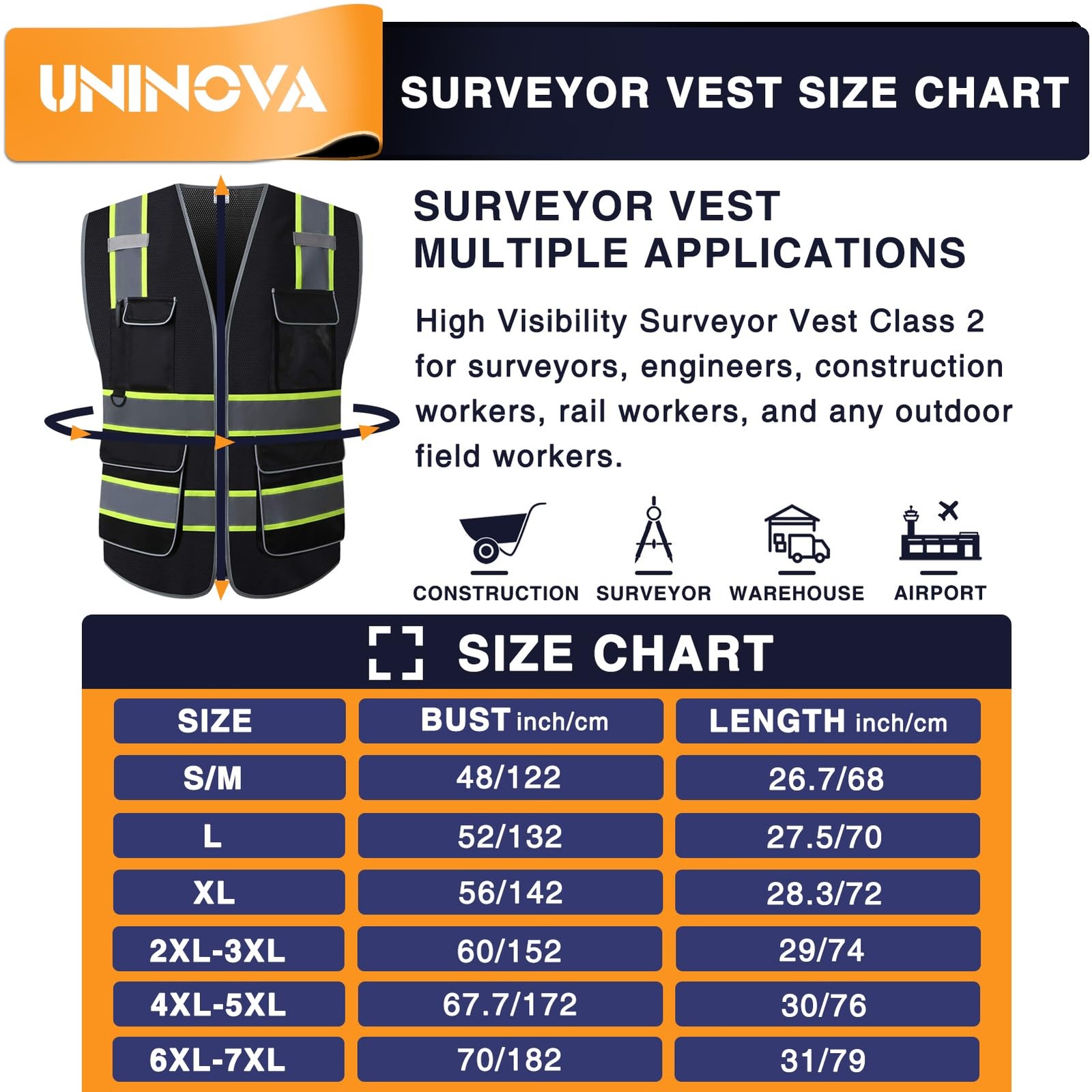 SAFETY VEST High Visibility Reflective Mesh Breathable Workwear 4X-5X UNINOVA
