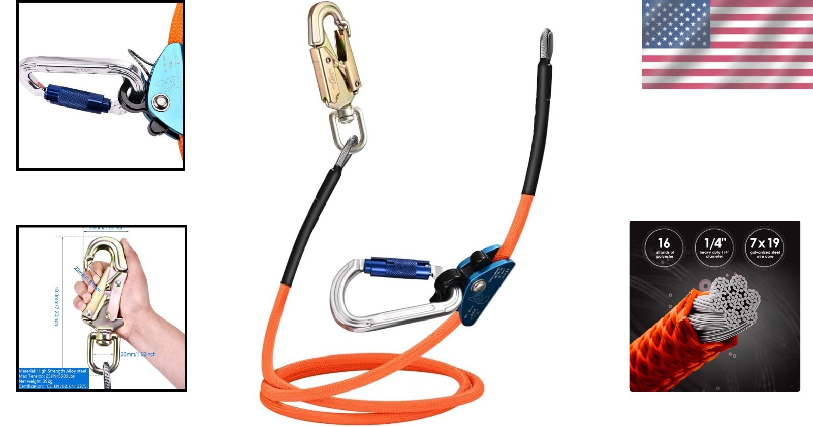 Visibility & Strength – Adjustable 1/2’’ x 8FT Steel Core Tree Climbing Lanyard