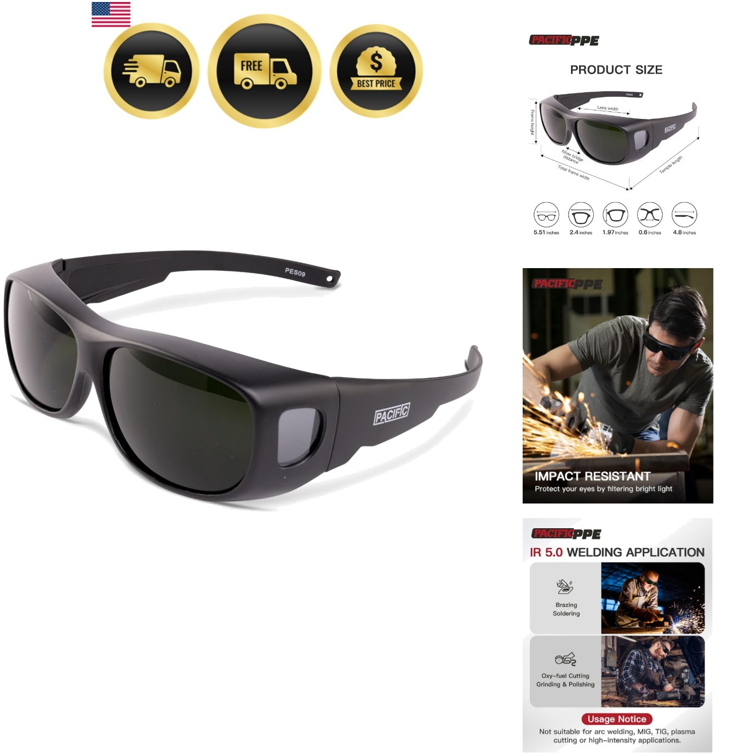 IR 5.0 Welding Glasses, Wrap Around Welding Goggles, Black