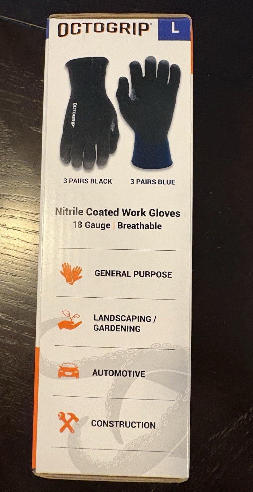 Octogrip Nitrile Coated Work Gloves 18 Gauge Breathable Size L 6 Pair Pack