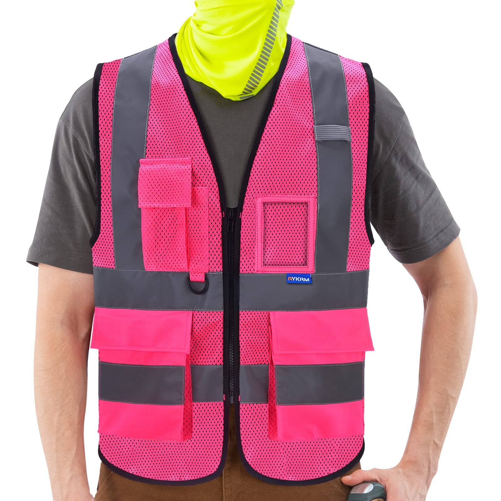 Hi-Vis Reflective Mesh Vest with 7 Pockets, Zipper, Pink, 6XL-8XL