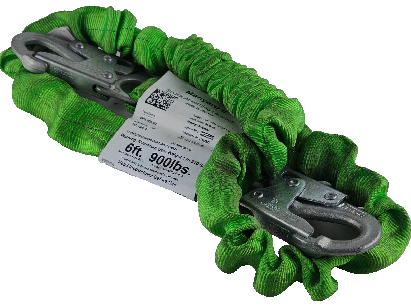 Manyard 216-Z7/6FTGN Shock Absorbing Lanyard 6′ Free Fall 900LBS Arresting Force