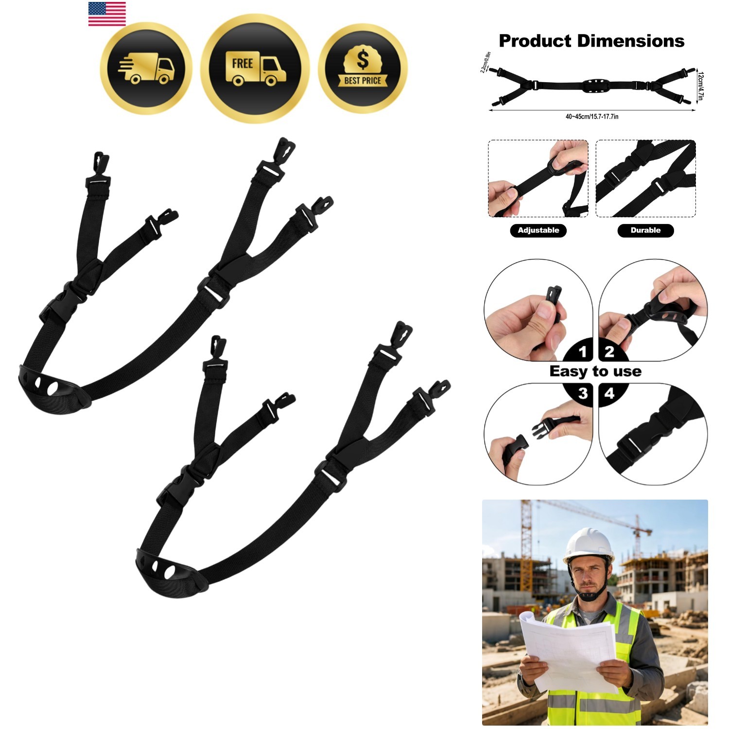 2pcs Universal Hard Hat Chin Straps, Adjustable Y-Shape Safety Helmet Strap |…
