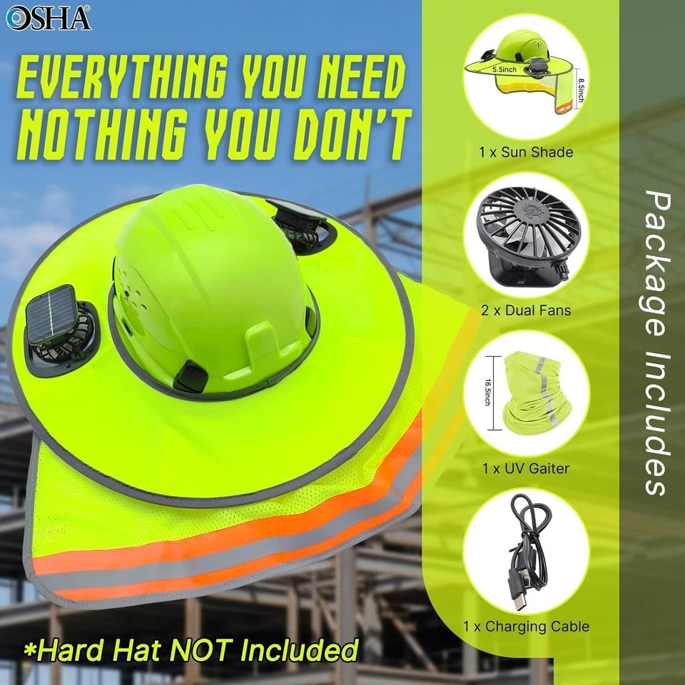 1 Set Full Brim Hard Hat Sun Shade with Solar Fans & Neck Sunshade Cover, Hard H