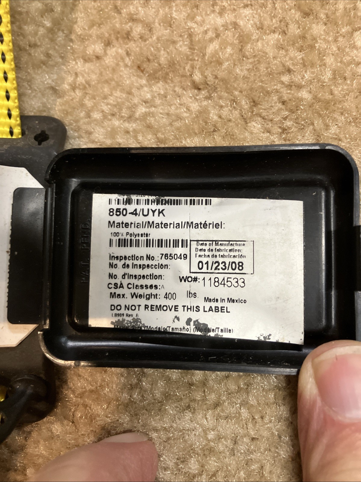 Miller 850-4/UYK Size Full Body Yellow Class A Maximum Weight 400 Pounds ￼