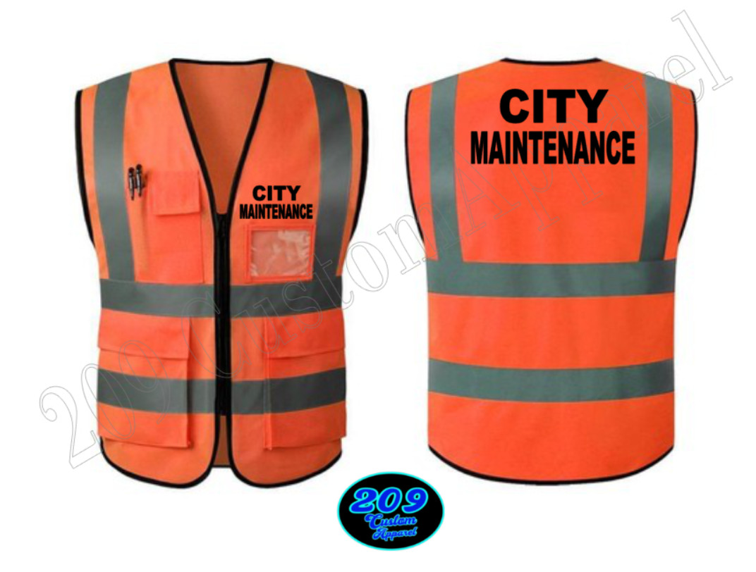 CITY MAINTENANCE HI-VISIBILITY SAFETY VEST W/REFLECTIVE 2″ STRIPS ZIPPER POCKETS