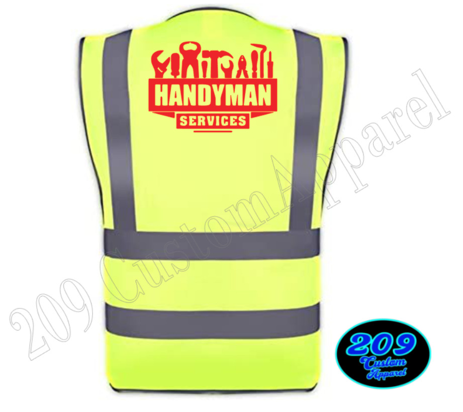 HANDYMAN HI-VIS SAFETY VEST REFLECTIVE STRIPS POCKETS PRINT FRONT AND BACK