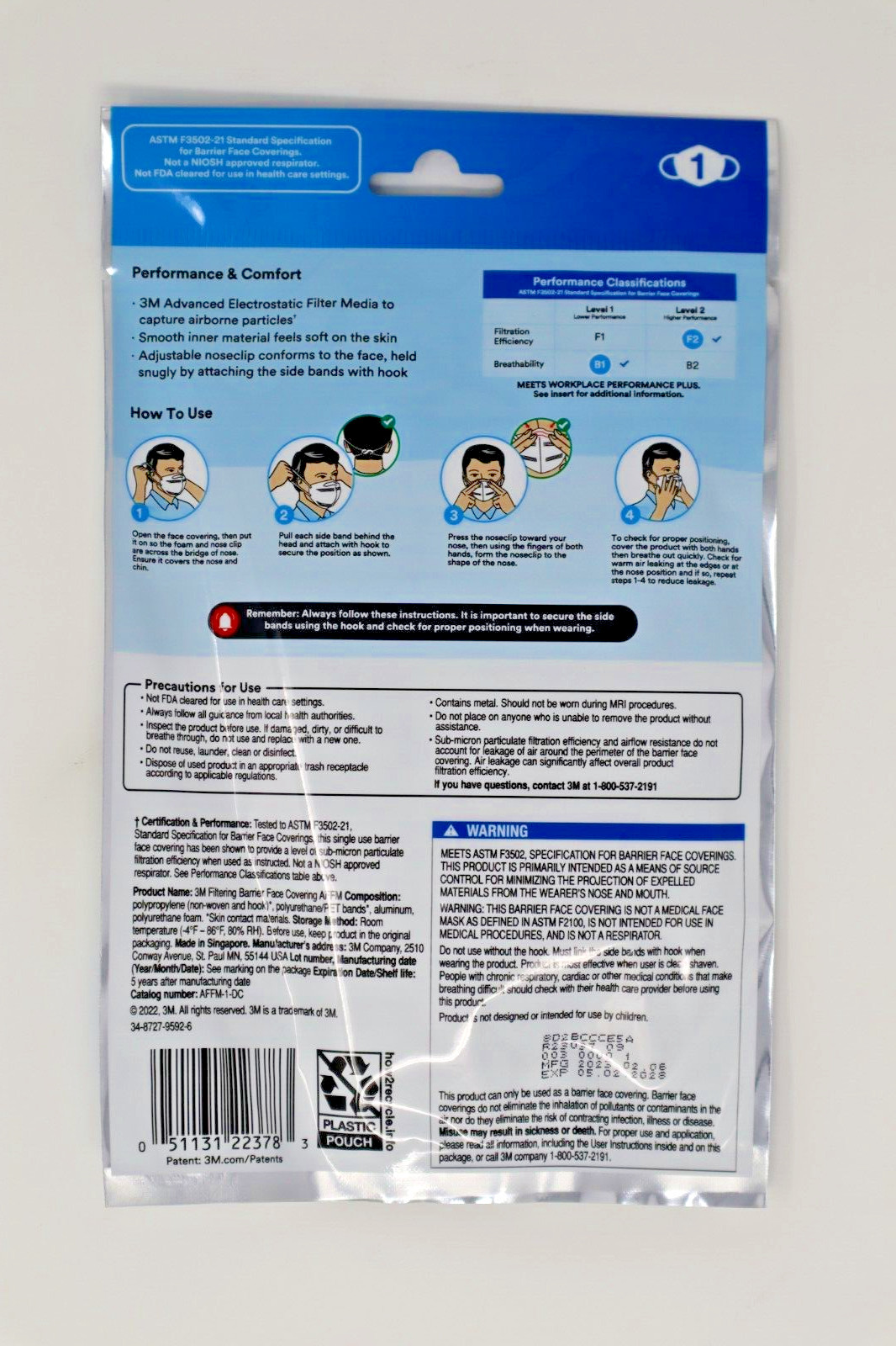 5-Pack 3M Filtering Barrier Face Covering, Adult Sized Single Use, ASTM F3502-21
