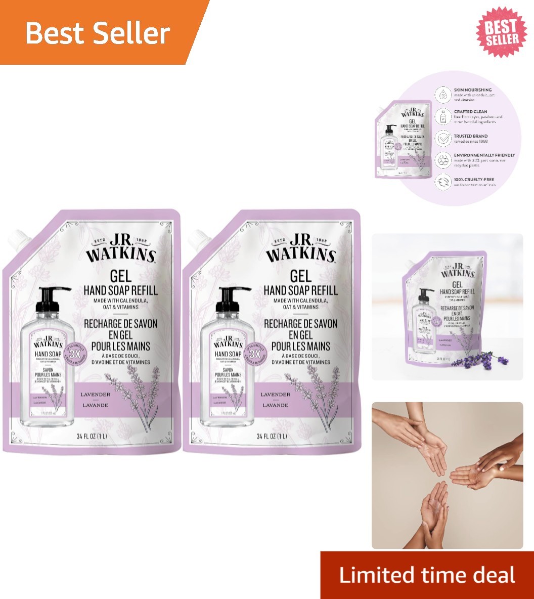 J.R. Watkins Gel Hand Soap Refill, 34 Fl Oz (Pack of 2), Lavender