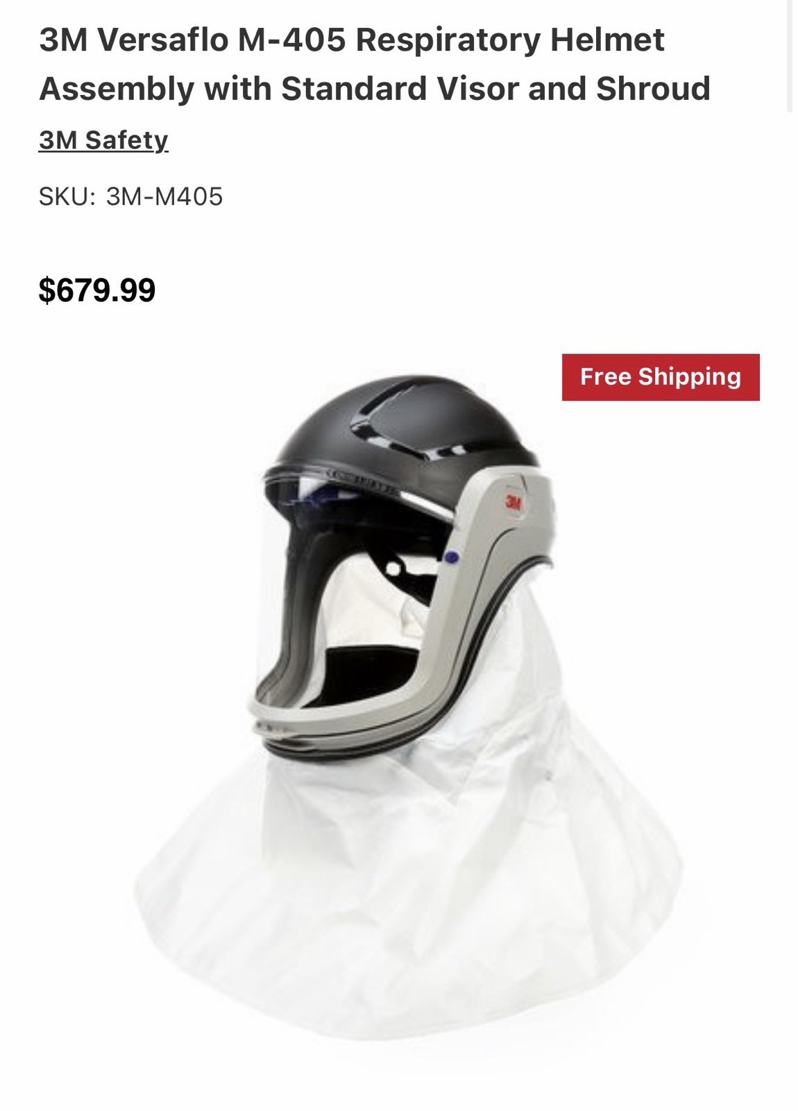3M M-405 Versaflo RESPIRATOR HELMET ASSEMBLY 17322 Standard Visor + Shroud M-400