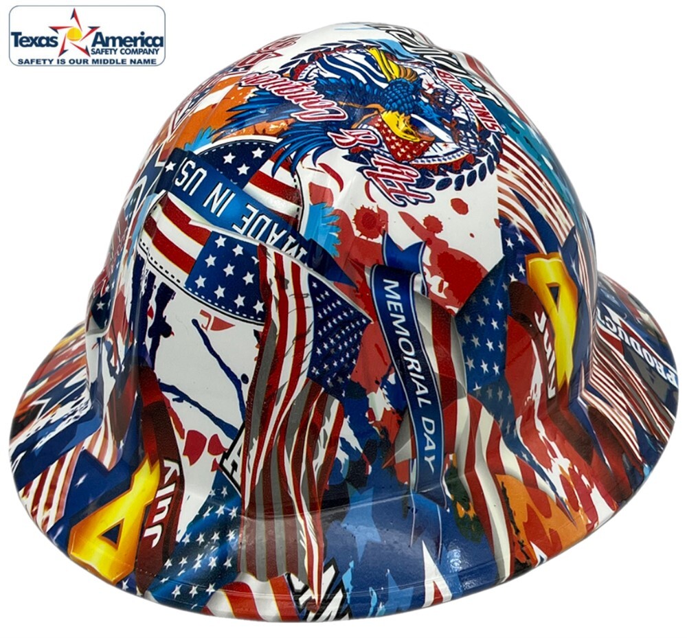 Made in USA Patriotic Hydro Dipped Full Brim Hard Hat with Ratchet Suspension