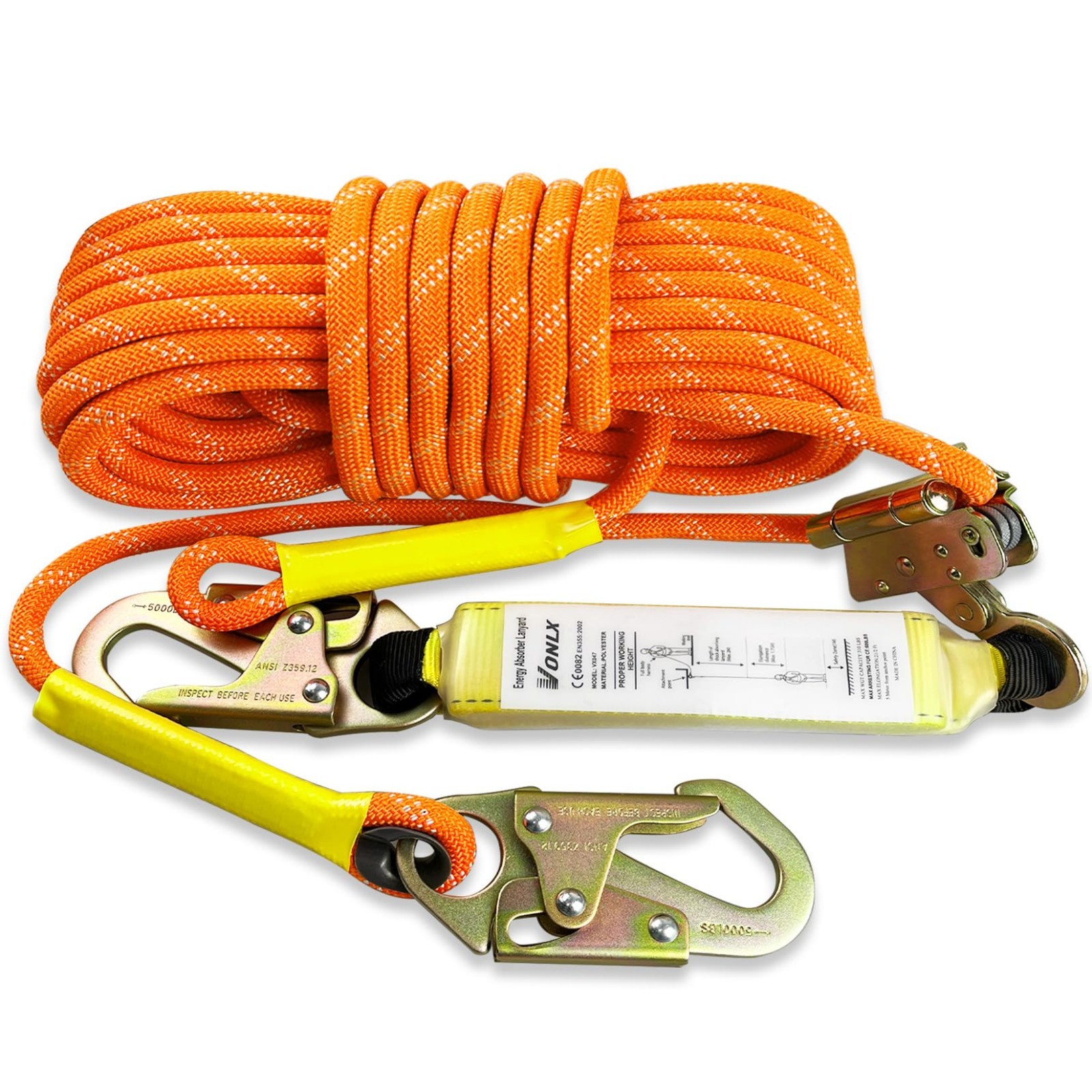 Heavy Duty 50FT Fall Protection Safety Rope with Alloy Steel Hooks & Shock Absor