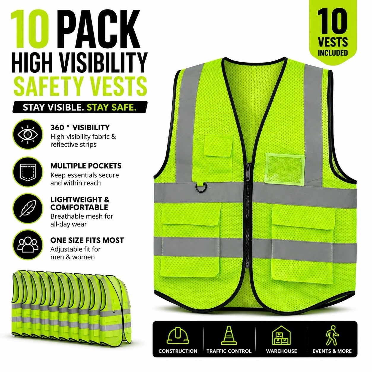 10 Pack Hi Vis Safety Vest Reflective Mesh Work Construction ANSI Style Pockets