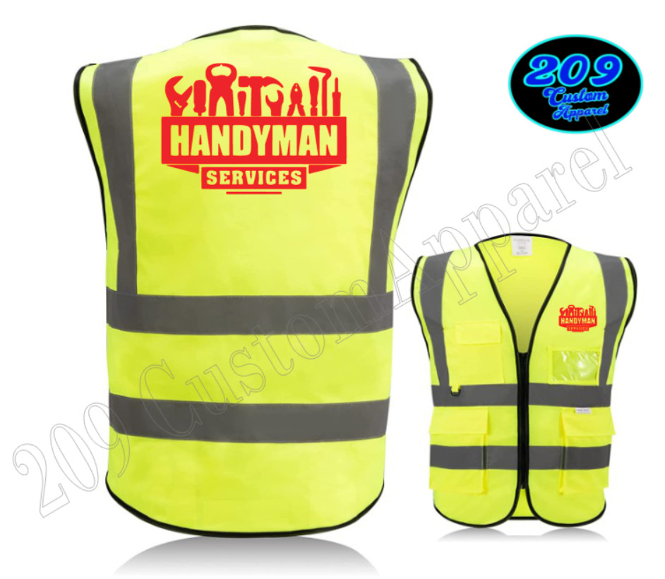HANDYMAN HI-VIS SAFETY VEST REFLECTIVE STRIPS POCKETS PRINT FRONT AND BACK