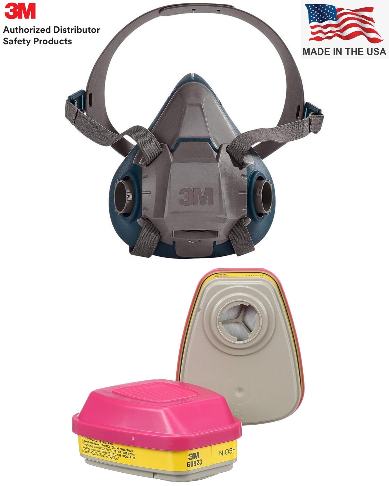 3M 6503 Half Face PPE Respirator & 2- 60923 Acid Gas Organic Vapor Cartridge LRG