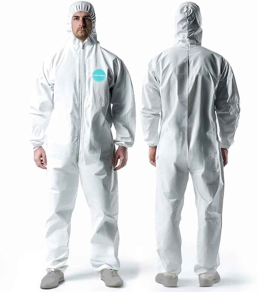 25 Pack Heavy Duty Disposable Hazmat Suits with Hood & Elastic Wrists