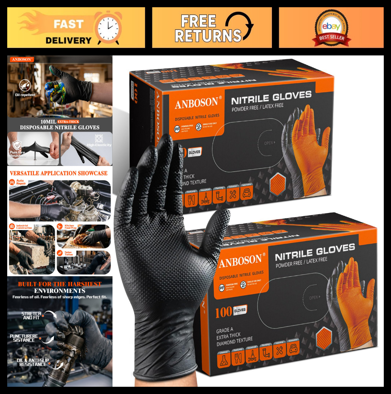 200 Count Heavy Duty Nitrile Gloves, XLarge Black, Latex-Free, Chemical Resistan