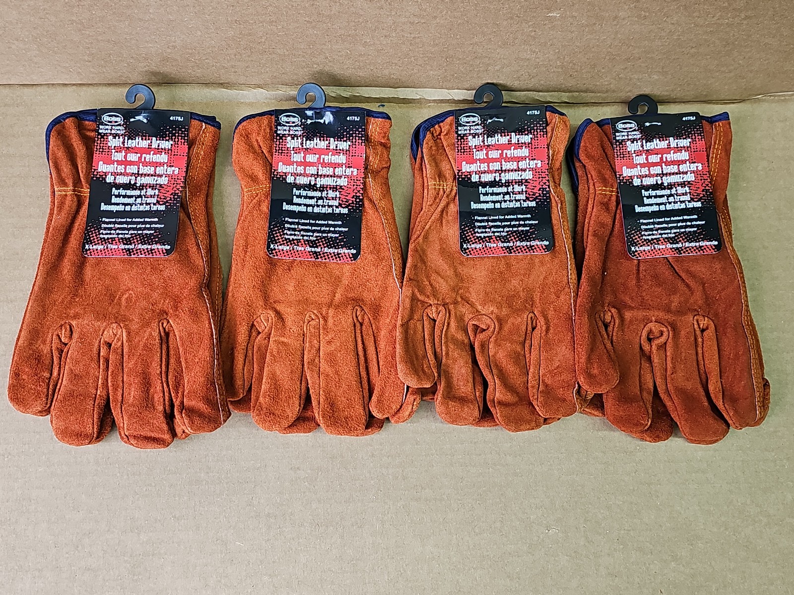 4 Pair – Boss 4175J Split Leather Driver Work Gloves, Flannel Lined, X-Large