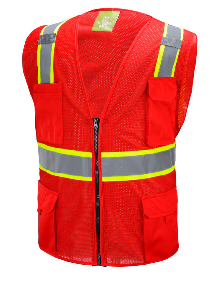 RED REFLECTIVE MESH SAFETY VEST w/ POCKETS 2 TONE SURVEYOR HIGH-VISIBILITY