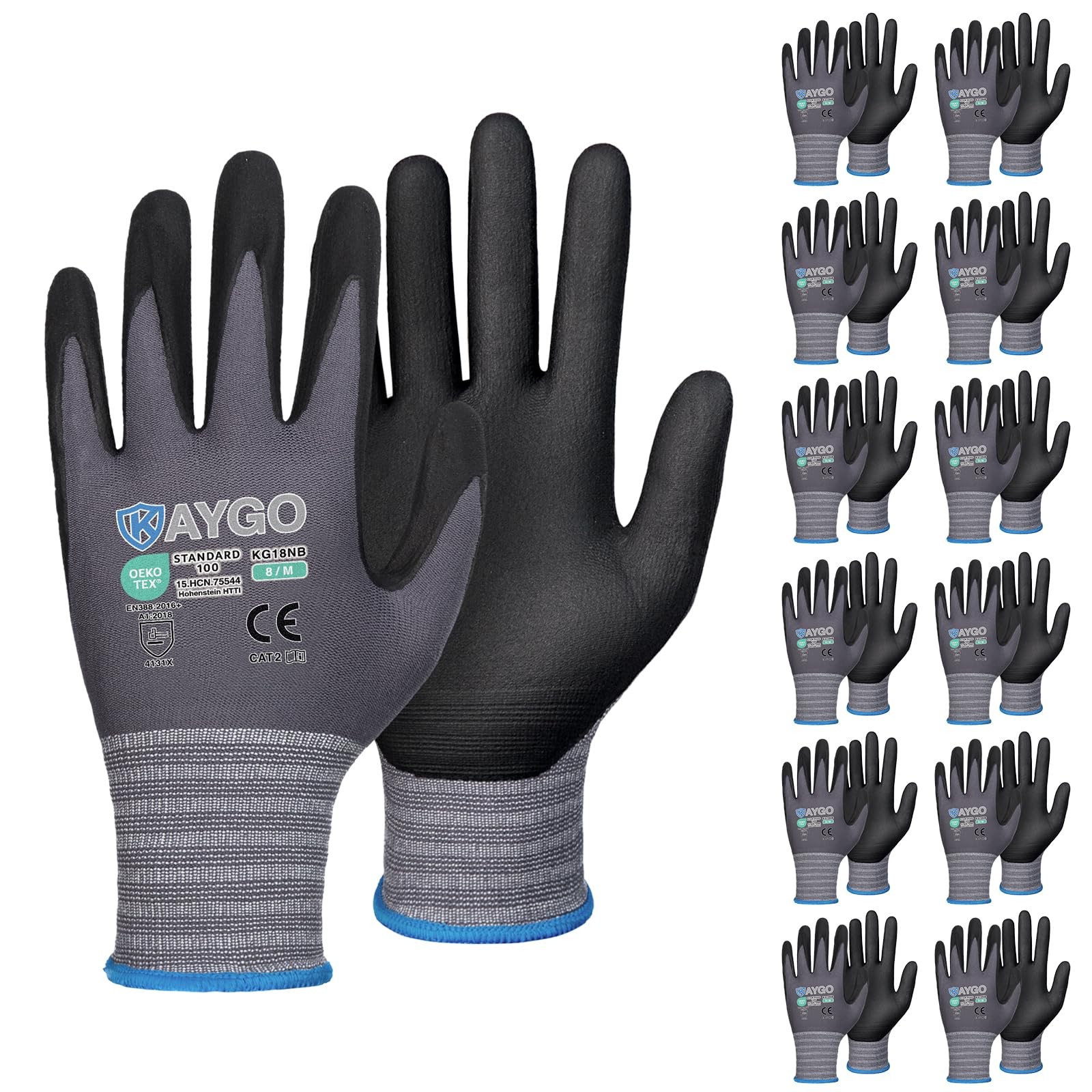 Safety Work Gloves MicroFoam Nitrile Coated-12 Pairs, KG18NB,Seamless Knit Nylon