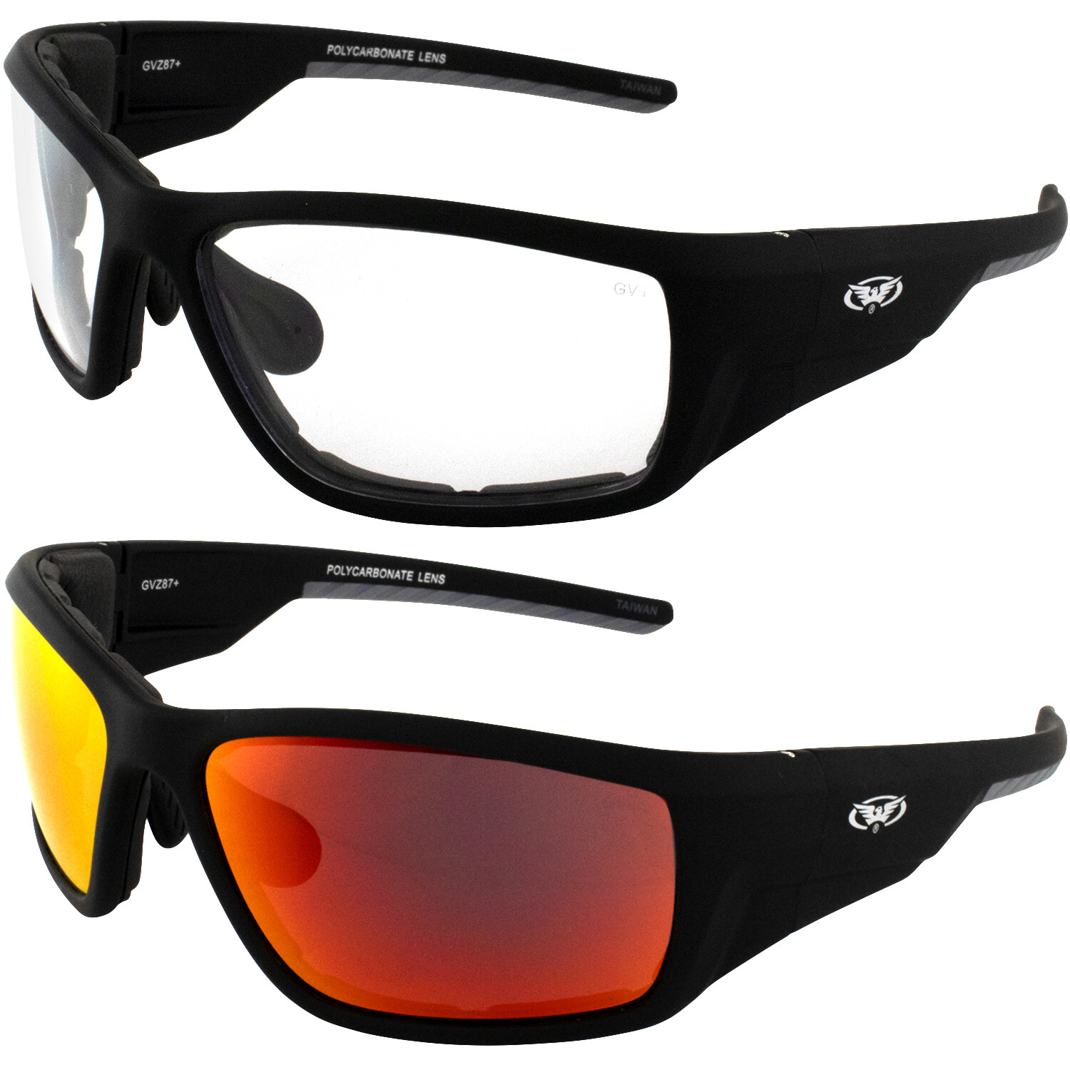 2 Global Vision Kinetic Padded Motorcycle Glasses Clear + Red Mirror Lenses