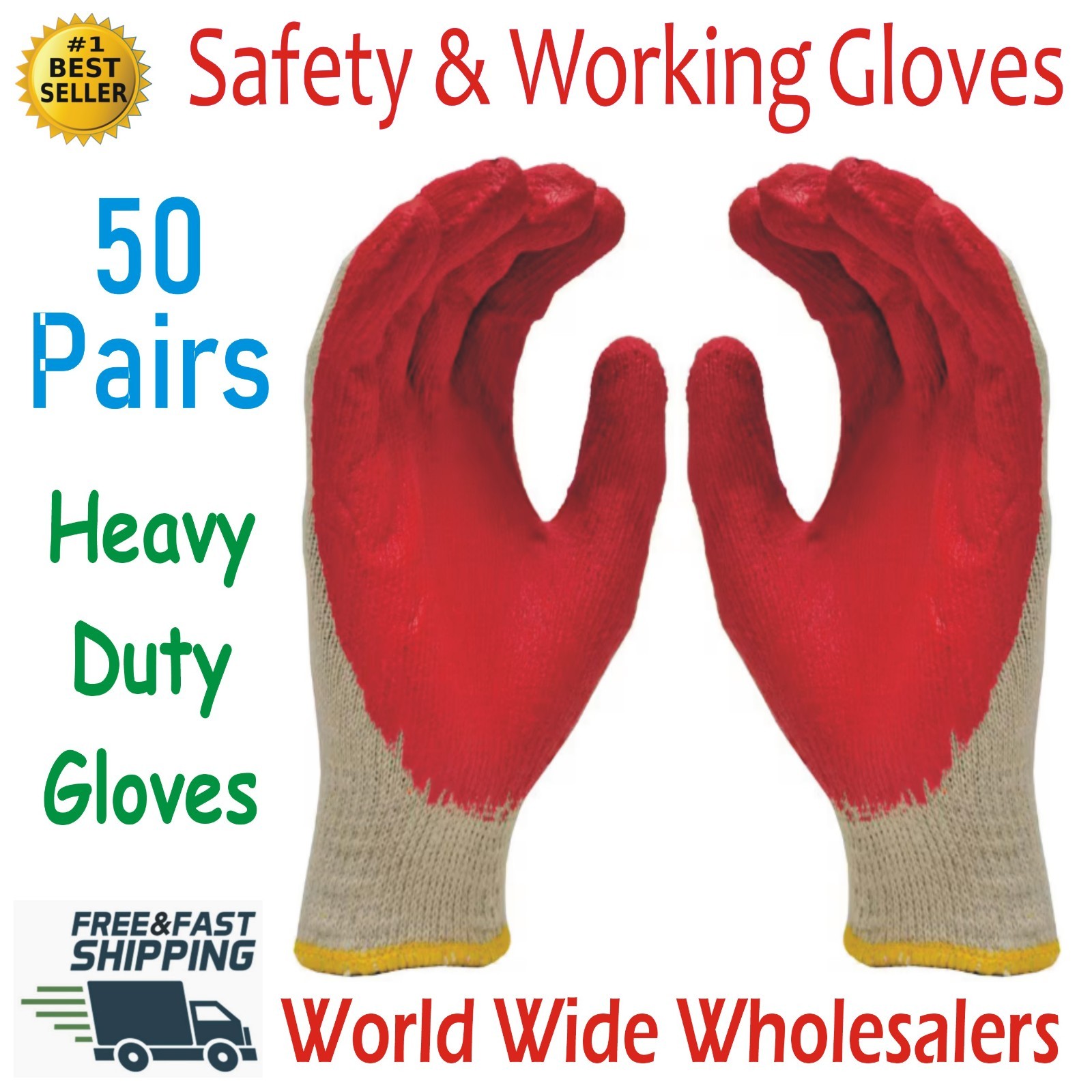 WHOLESALE 50 Pairs Non-Slip Red Latex Rubber Palm Coated Work Safety Gloves