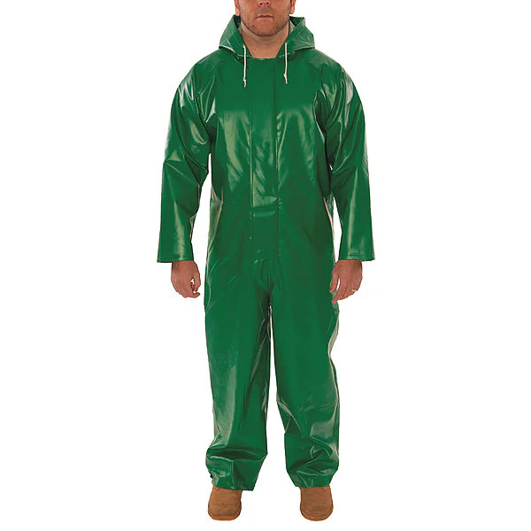 Flame Resistant Coverall Rain Suit, PVC, 17 mil Thick, Attached Hood, Green, L
