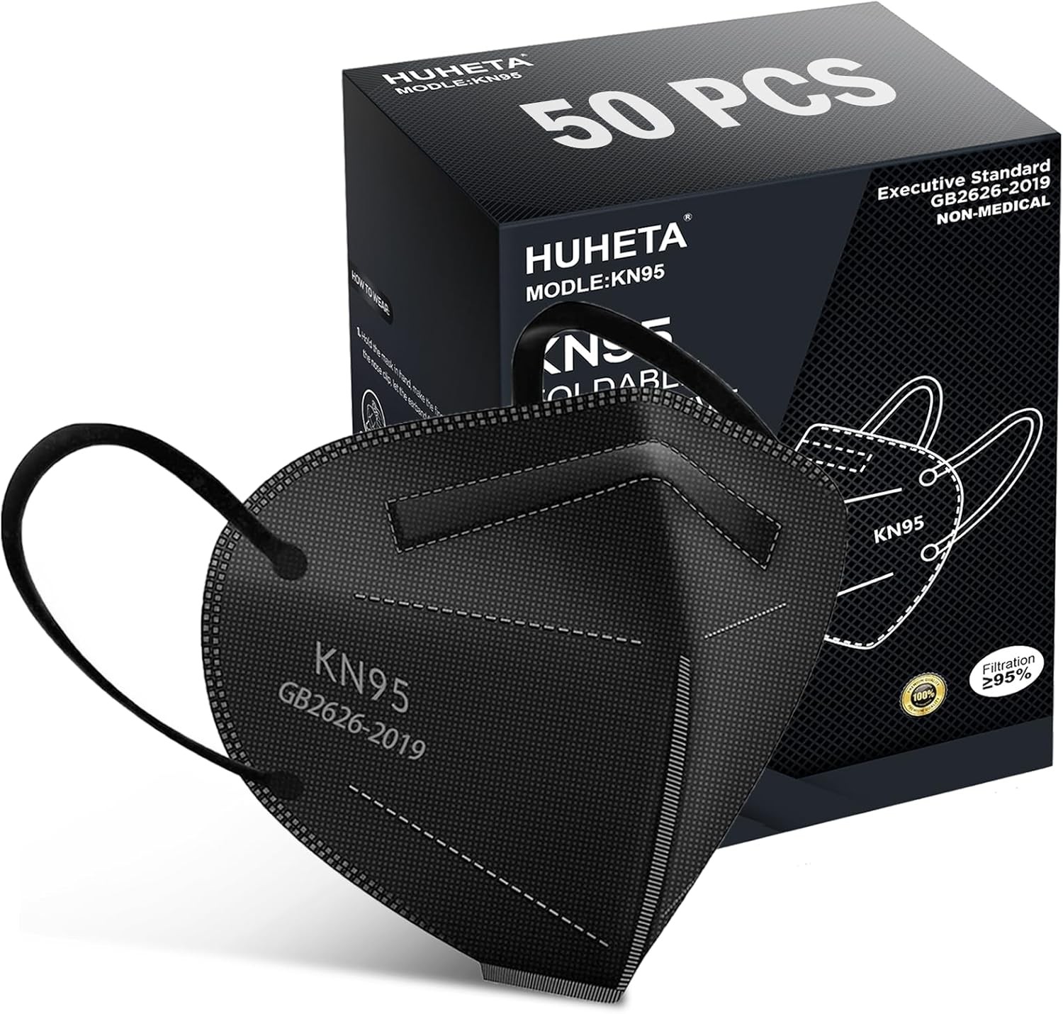 HUHETA 50 PCs KN95 Face Mask, 5-Layer Mask Filter Deep Black