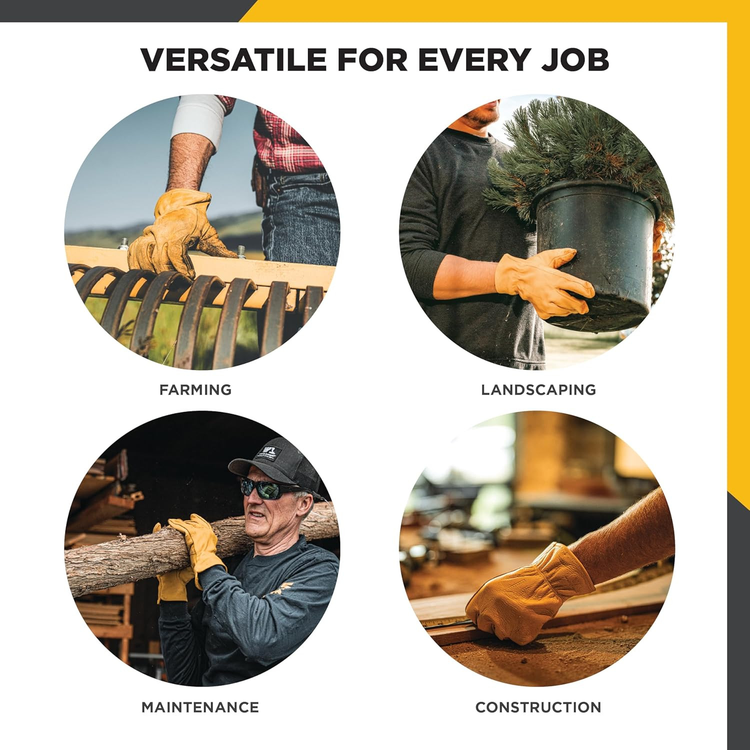Leather Work Gloves for Men – Grain Cowhide, Reinforced Palm – Ideal for Constru