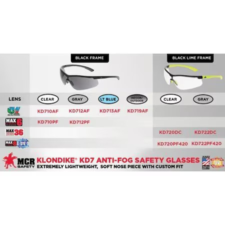 Mcr Safety Kd712af Klondike (Kd7), Safety Glasses, Anti-Fog, Gray Lens,