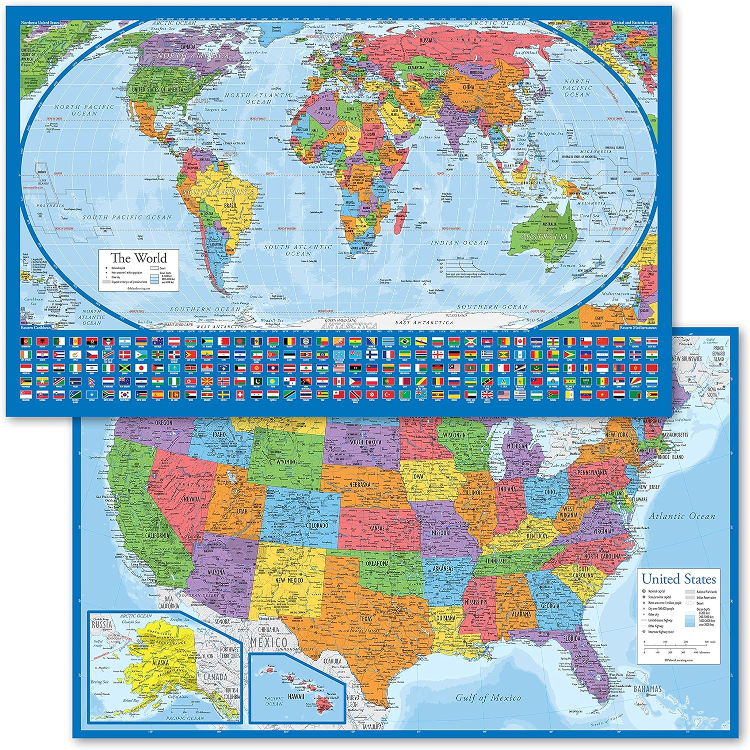 2 Pack – Laminated World Map Poster & USA Map Set – Equal Earth World Map Design