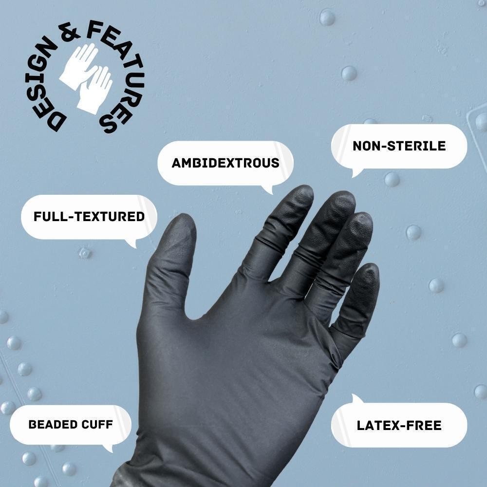 X-Large 6 MIL, Black Nitrile Powder Free Disposable Full Texture Gloves 2000 Pcs