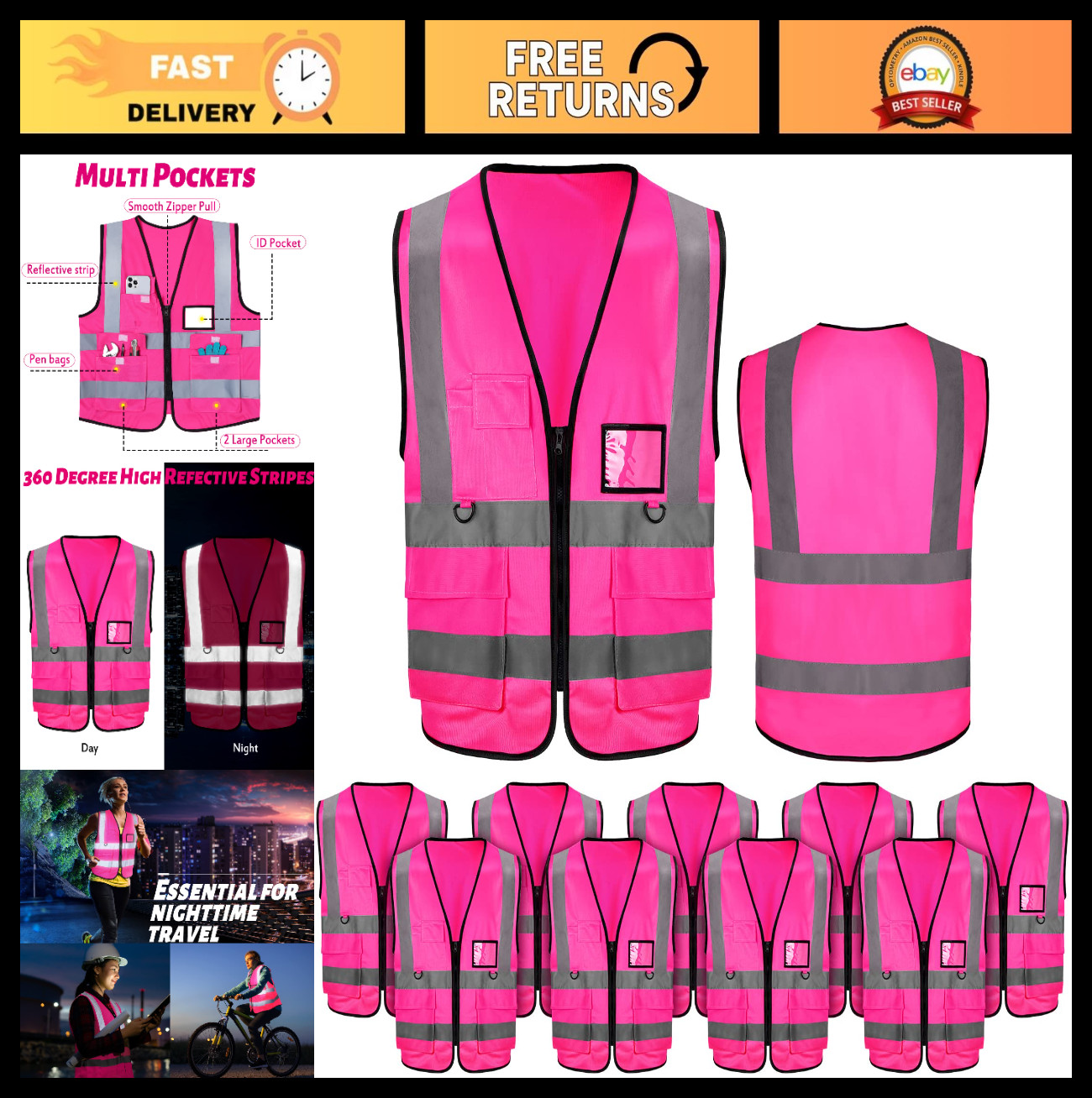 10 Pack High Visibility Safety Vests with Reflective Strips for Construction, Ev