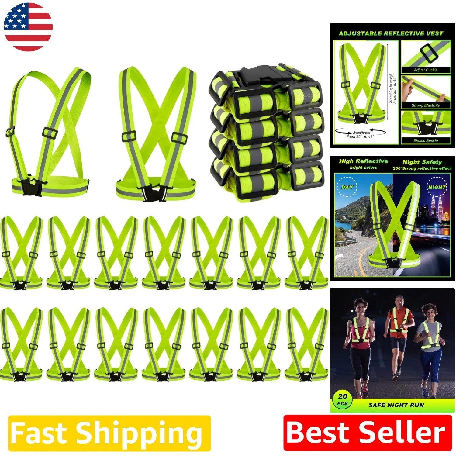 Bulk 20pc Yellow Safety Vest – Lightweight Reflective Gear, Adult Adjustable Fit